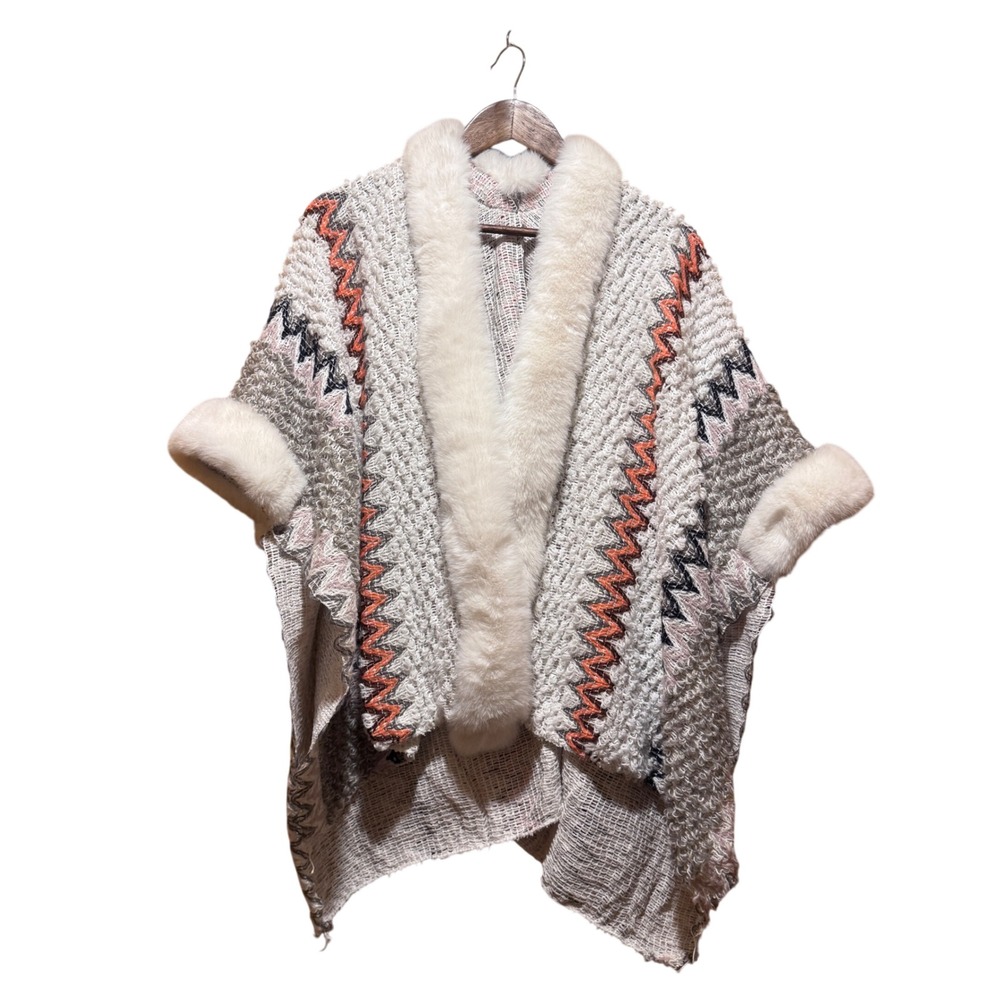 Boho Faux Fur Trim Knit Poncho Wrap Zigzag Cream Orange Grey Festival